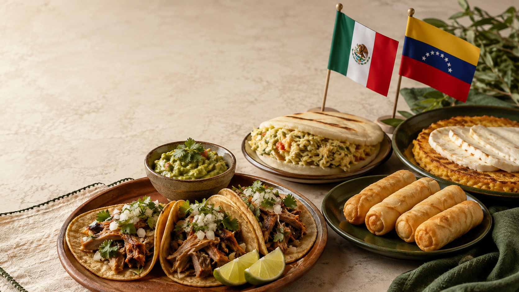Illustrative Mexican and Venezuelan dishes with both national flags