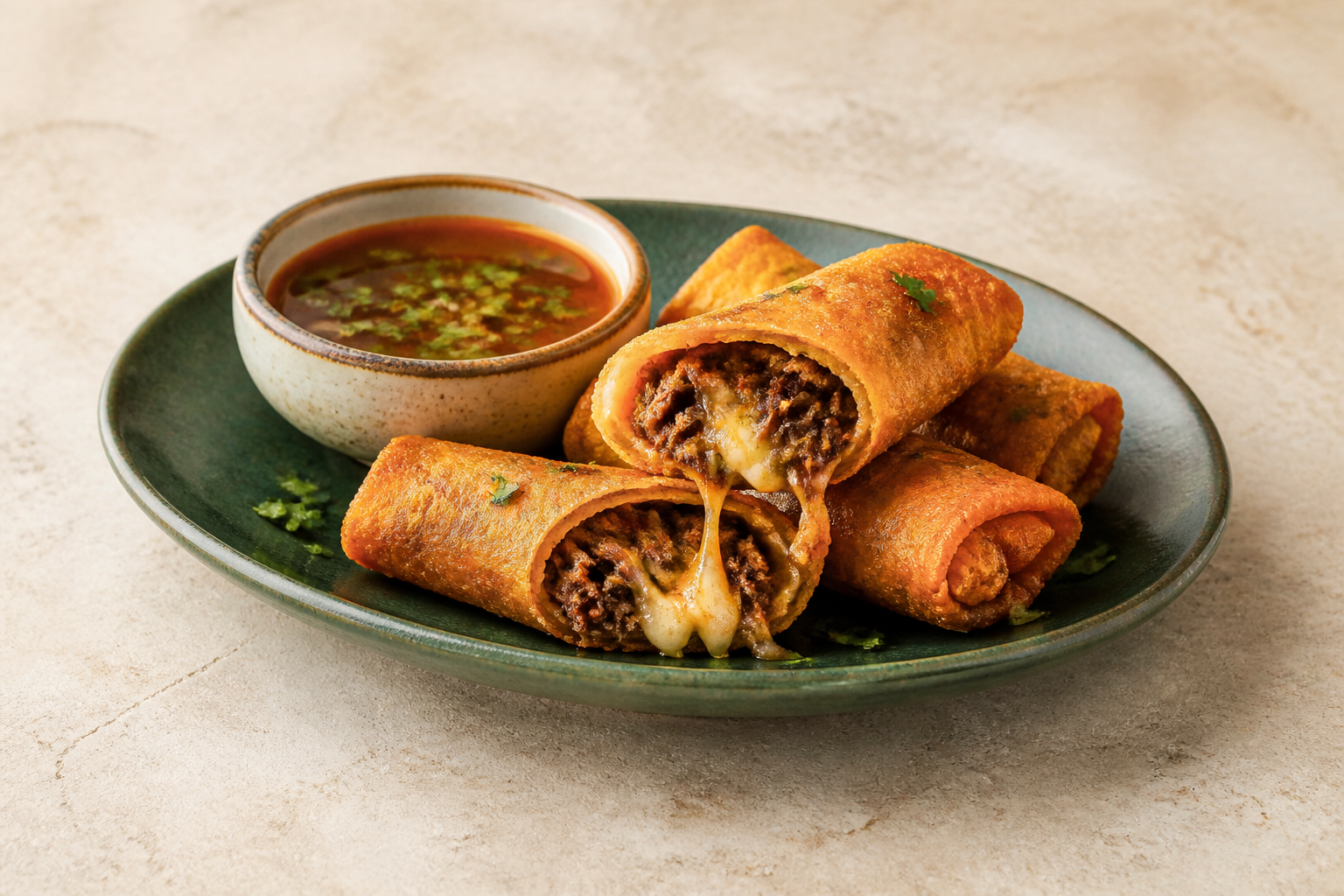 AI-generated illustration: Birria spring rolls