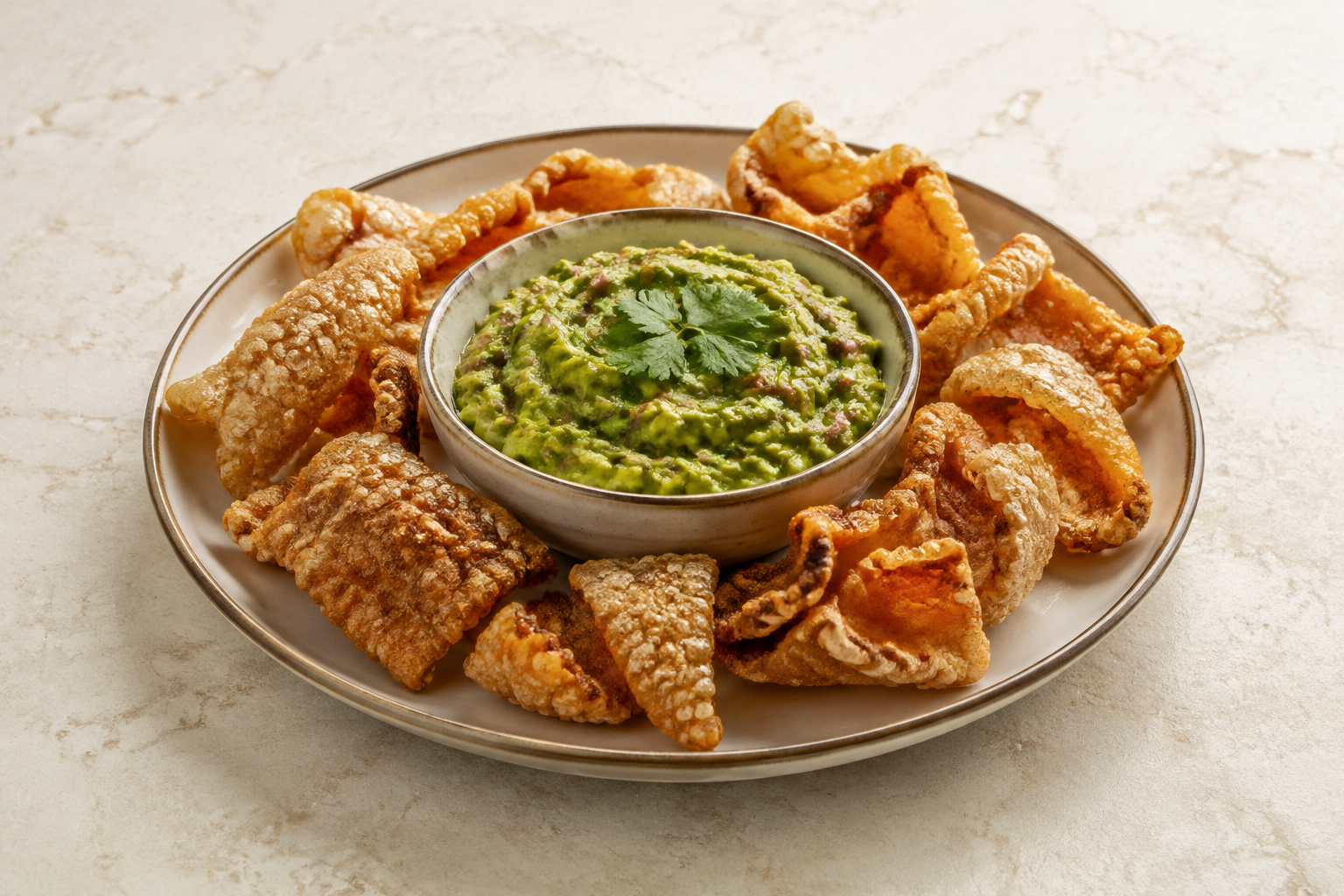 AI-generated illustration: Chicharrón con guacamole